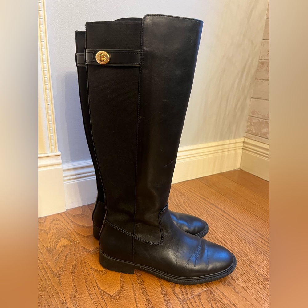 Coach Black Leather Tall Riding Boots with Gold Turn-Lock Accent